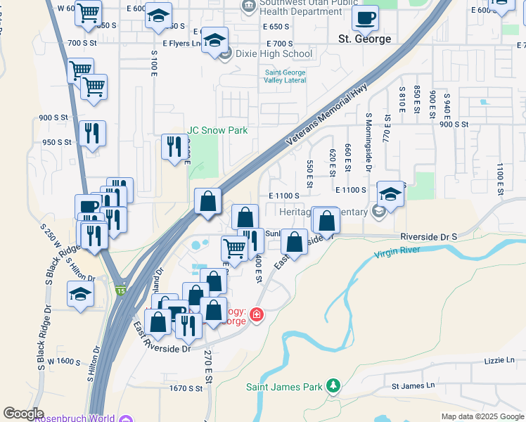map of restaurants, bars, coffee shops, grocery stores, and more near 470 East 1100 South in St. George