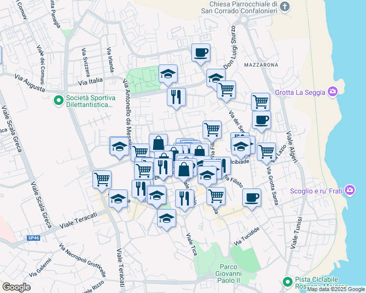 map of restaurants, bars, coffee shops, grocery stores, and more near 43 Via Pietro Novelli in Syracuse