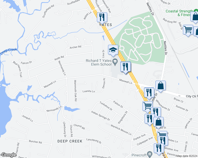 map of restaurants, bars, coffee shops, grocery stores, and more near 199 Compton Place in Newport News