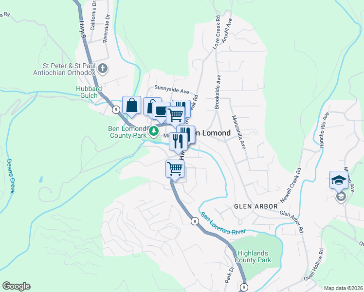 map of restaurants, bars, coffee shops, grocery stores, and more near in Ben Lomond