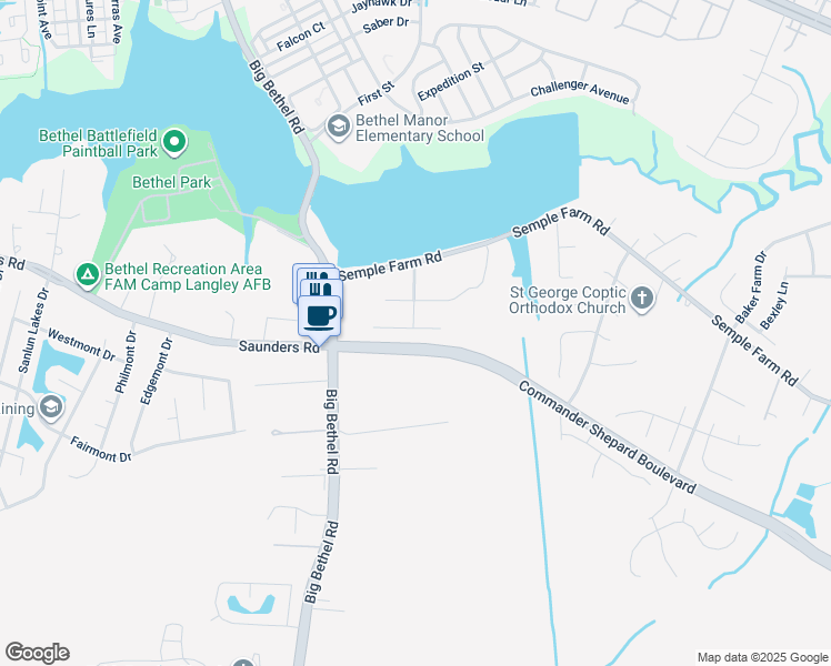 map of restaurants, bars, coffee shops, grocery stores, and more near 22 Hawkins Court in Hampton