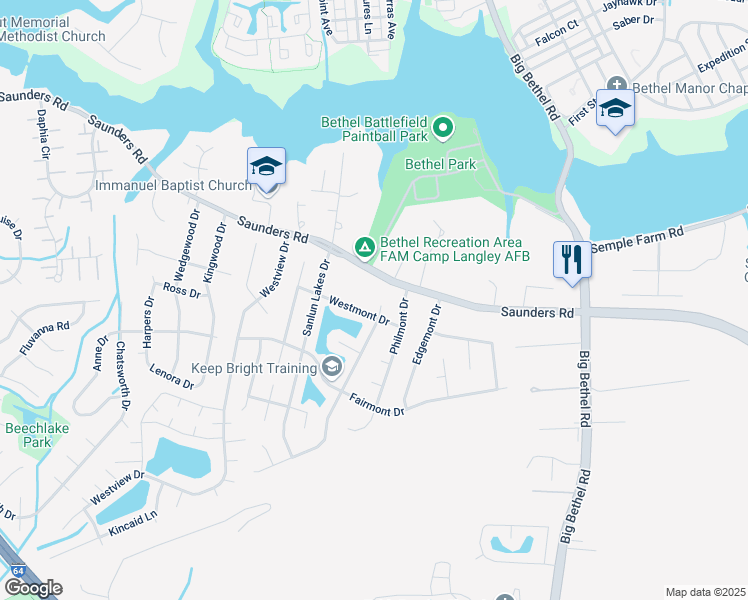 map of restaurants, bars, coffee shops, grocery stores, and more near 13 Westmont Drive in Hampton