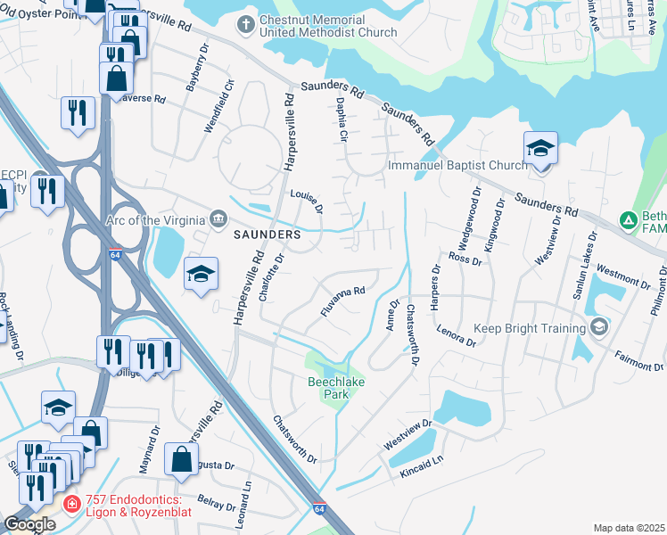 map of restaurants, bars, coffee shops, grocery stores, and more near 929 Fluvanna Road in Newport News