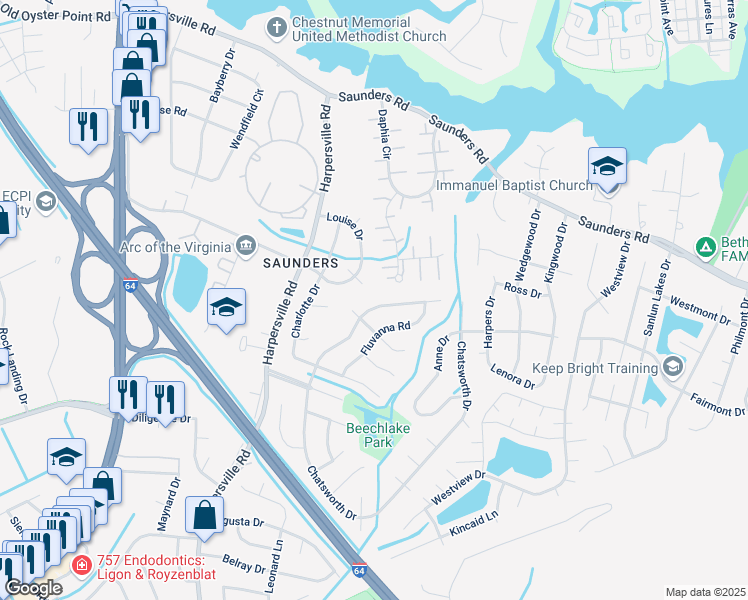 map of restaurants, bars, coffee shops, grocery stores, and more near 929 Fluvanna Road in Newport News