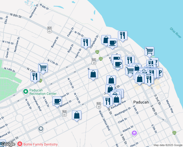 map of restaurants, bars, coffee shops, grocery stores, and more near 850 North 9th Street in Paducah