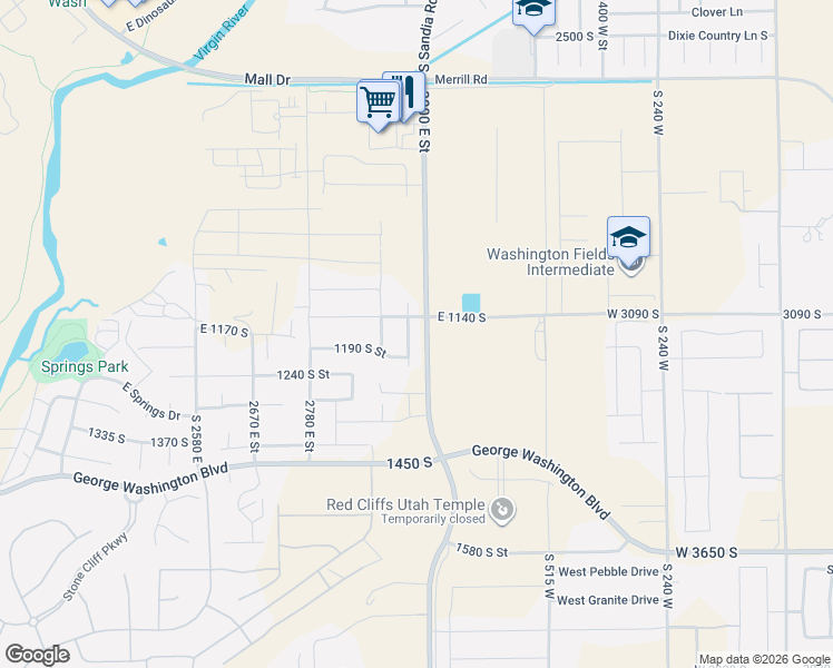 map of restaurants, bars, coffee shops, grocery stores, and more near 311 Red Cliffs Drive in St. George