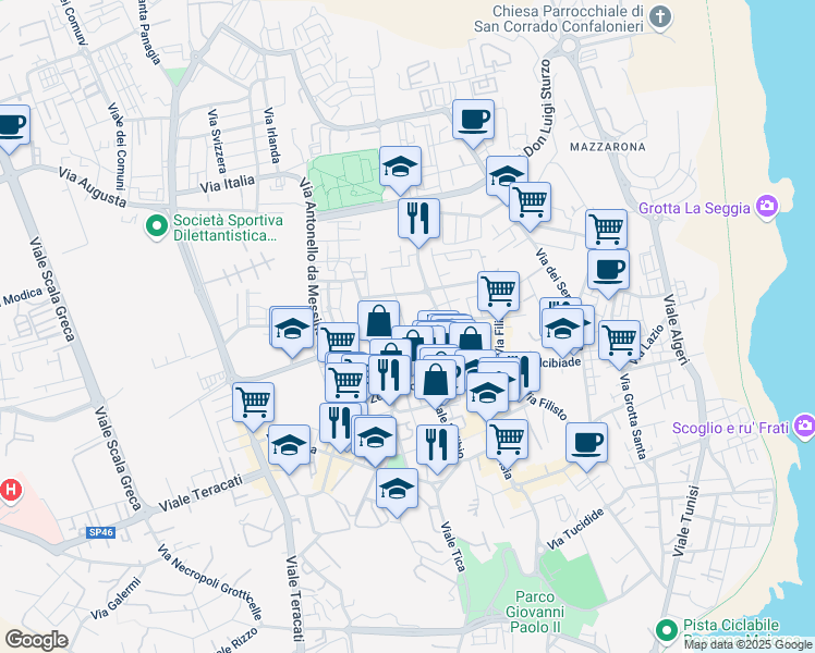 map of restaurants, bars, coffee shops, grocery stores, and more near 43 Via Pietro Novelli in Syracuse