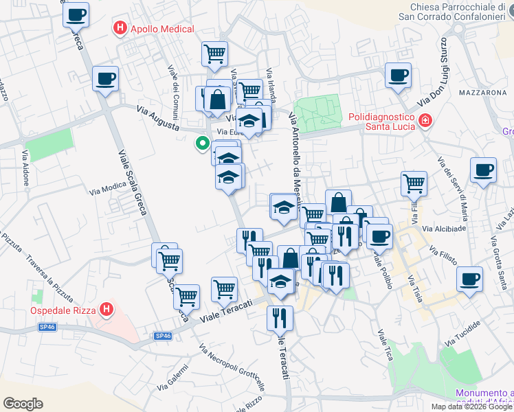 map of restaurants, bars, coffee shops, grocery stores, and more near 102 Viale Santa Panagia in Syracuse