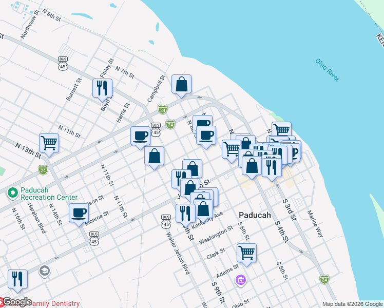 map of restaurants, bars, coffee shops, grocery stores, and more near 620 Madison Street in Paducah