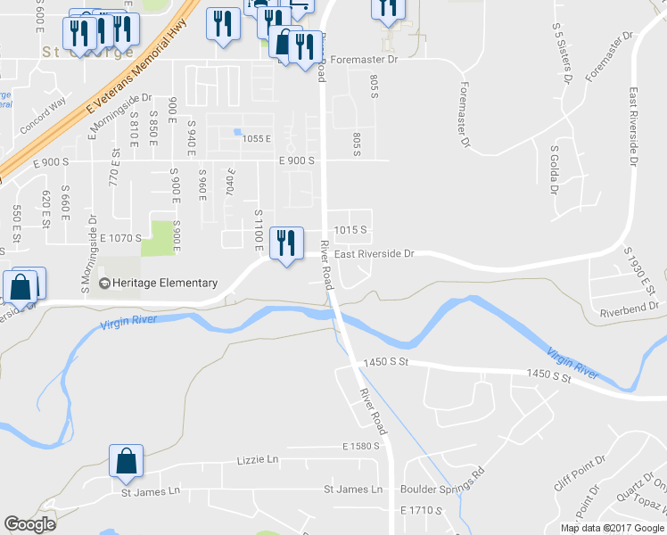 map of restaurants, bars, coffee shops, grocery stores, and more near 1188 South 1280 East in St. George