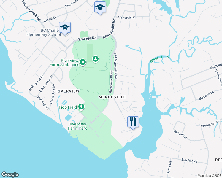 map of restaurants, bars, coffee shops, grocery stores, and more near Riverview Parkway in Newport News