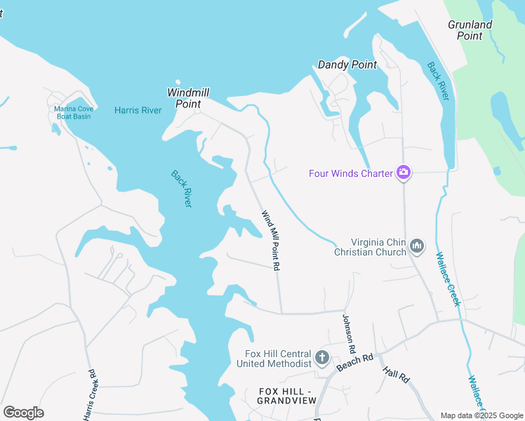 map of restaurants, bars, coffee shops, grocery stores, and more near Wind Mill Point Road in Hampton