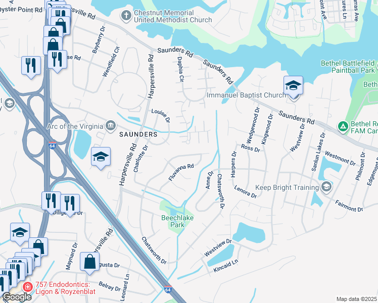 map of restaurants, bars, coffee shops, grocery stores, and more near 449 Saint Egnatios Drive in Newport News