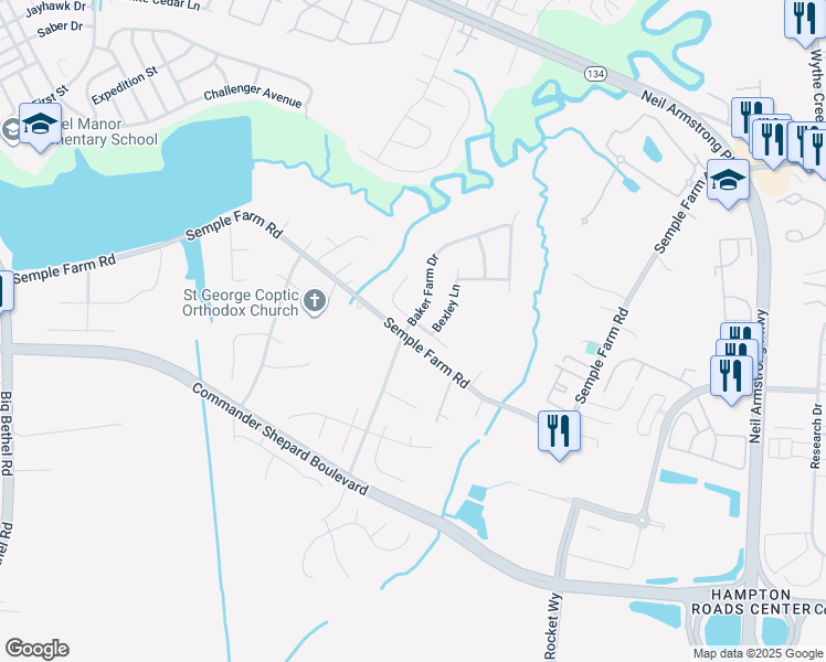 map of restaurants, bars, coffee shops, grocery stores, and more near 99 Treslyn Trce in Hampton