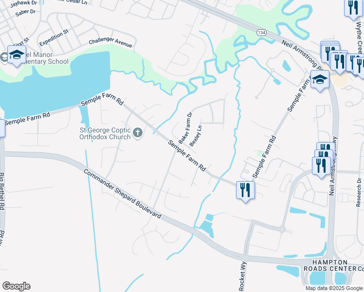 map of restaurants, bars, coffee shops, grocery stores, and more near 99 Treslyn Trace in Hampton