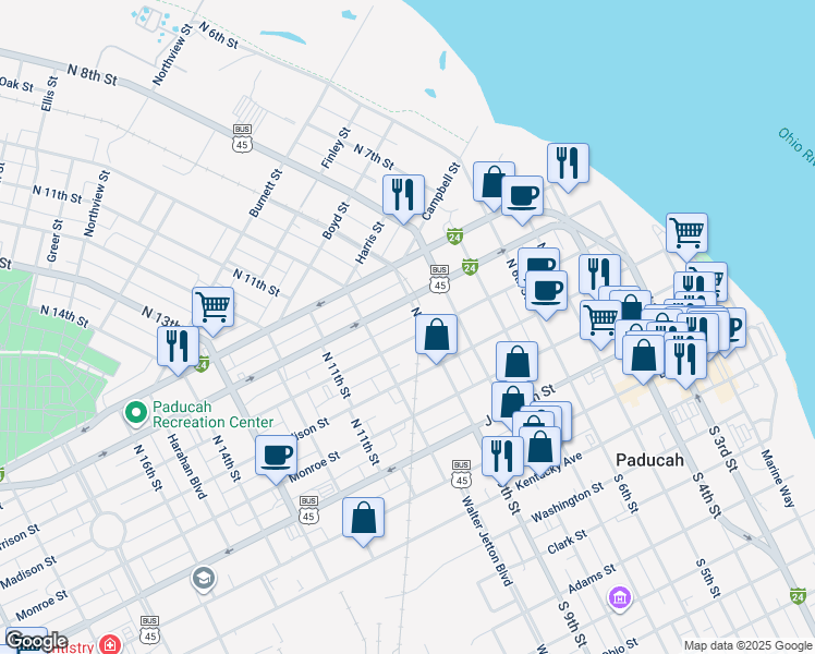 map of restaurants, bars, coffee shops, grocery stores, and more near 1700 Elmdale Road in Paducah