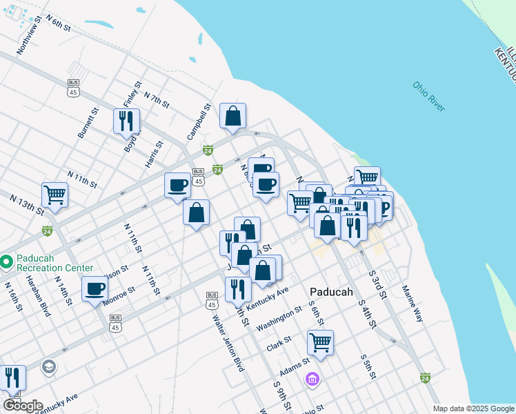 map of restaurants, bars, coffee shops, grocery stores, and more near 520 Madison Street in Paducah