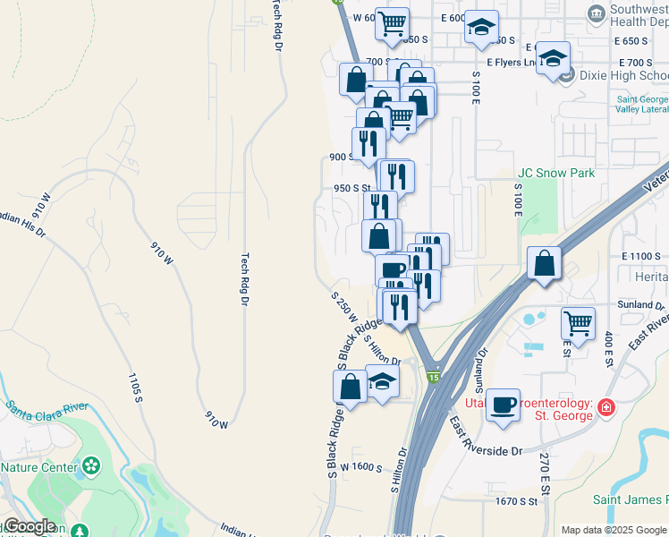 map of restaurants, bars, coffee shops, grocery stores, and more near 1173 South 250 West in St. George