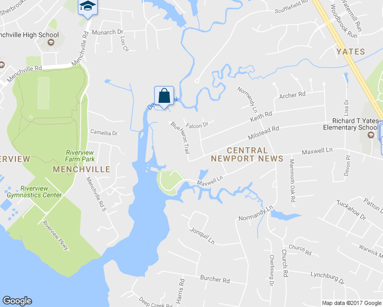 map of restaurants, bars, coffee shops, grocery stores, and more near 102 Blue Heron Trail in Newport News