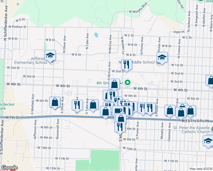 map of restaurants, bars, coffee shops, grocery stores, and more near 1702 West 3rd Street in Joplin