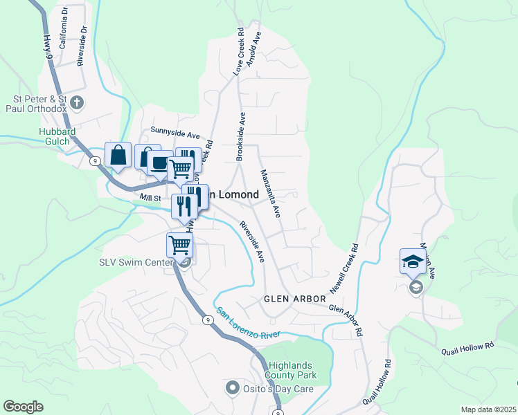 map of restaurants, bars, coffee shops, grocery stores, and more near 130 Pine Street in Ben Lomond