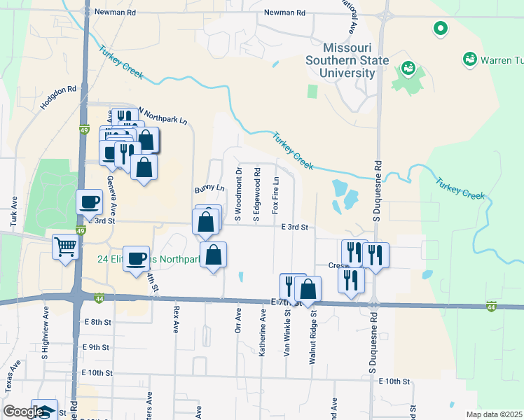 map of restaurants, bars, coffee shops, grocery stores, and more near 200 Foxfire Lane in Joplin