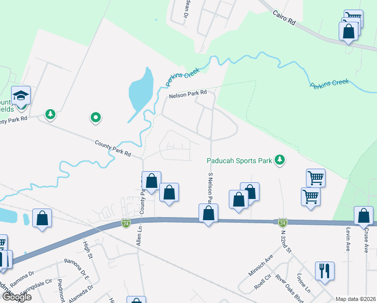 map of restaurants, bars, coffee shops, grocery stores, and more near 3455 Trail Head Drive in Paducah