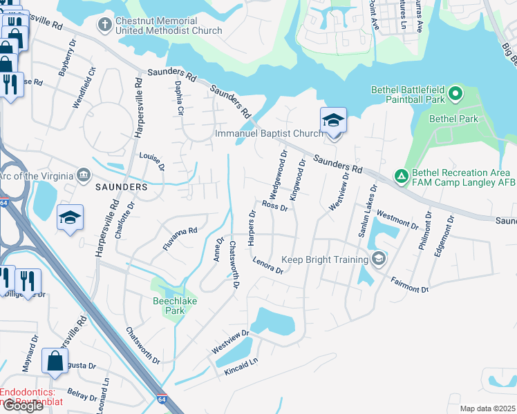 map of restaurants, bars, coffee shops, grocery stores, and more near 2 Ross Drive in Newport News