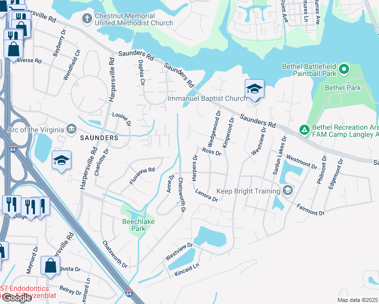 map of restaurants, bars, coffee shops, grocery stores, and more near 100 Harpers Drive in Newport News