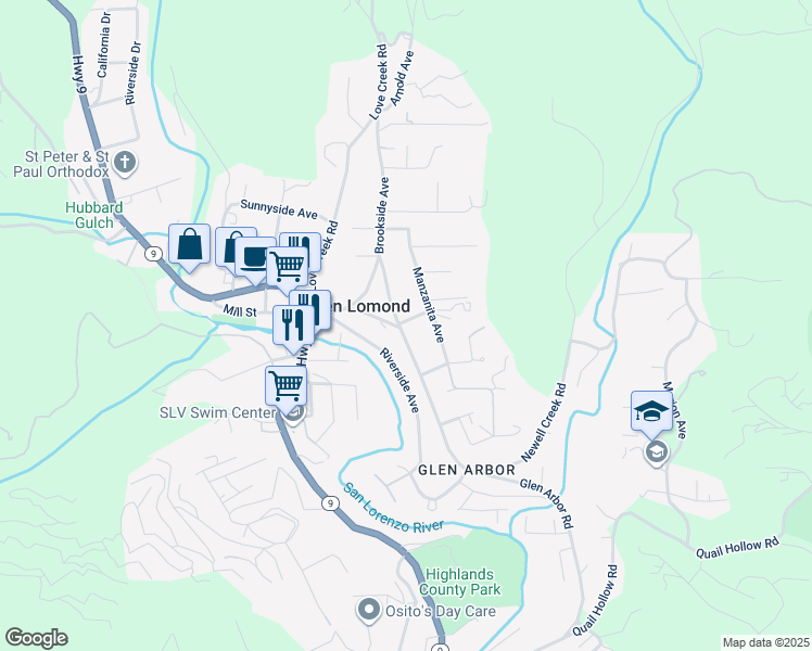 map of restaurants, bars, coffee shops, grocery stores, and more near 130 Pine Street in Ben Lomond