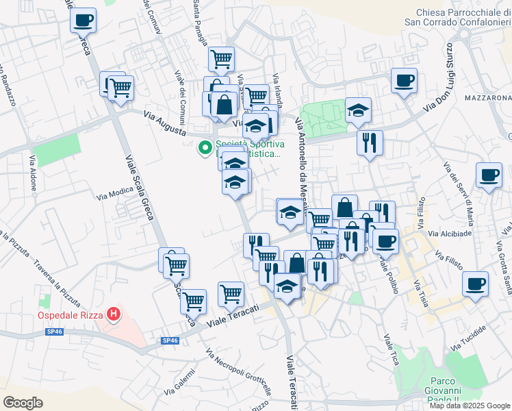 map of restaurants, bars, coffee shops, grocery stores, and more near 114 Viale Santa Panagia in Siracusa