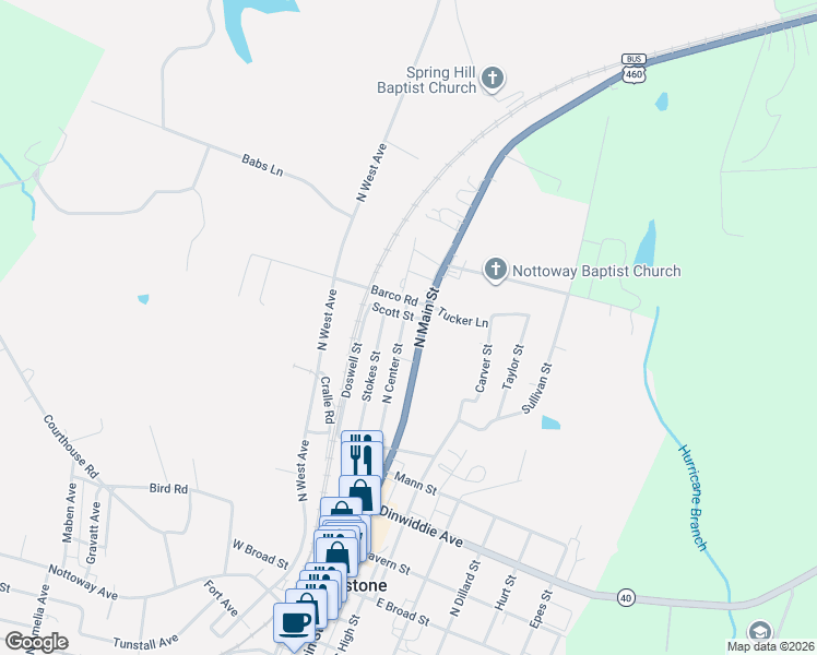 map of restaurants, bars, coffee shops, grocery stores, and more near 516-604 North Main Street in Blackstone