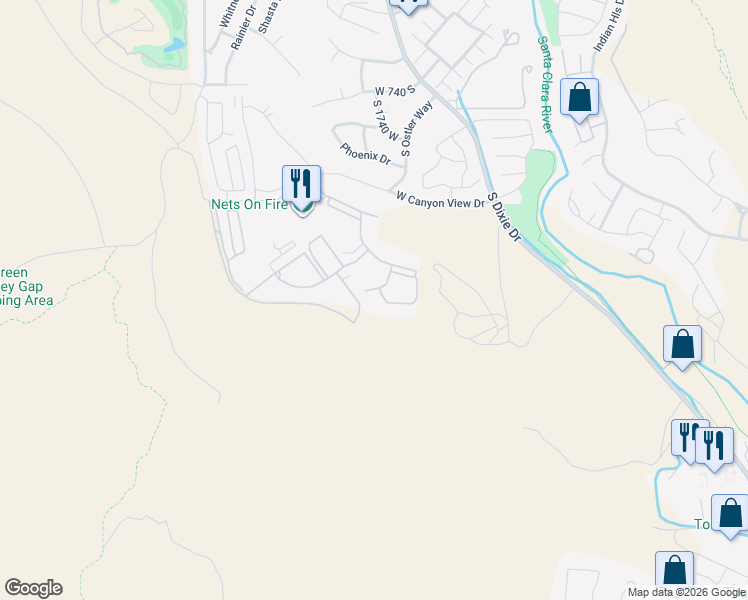 map of restaurants, bars, coffee shops, grocery stores, and more near 1845 West Canyon View Drive in St. George