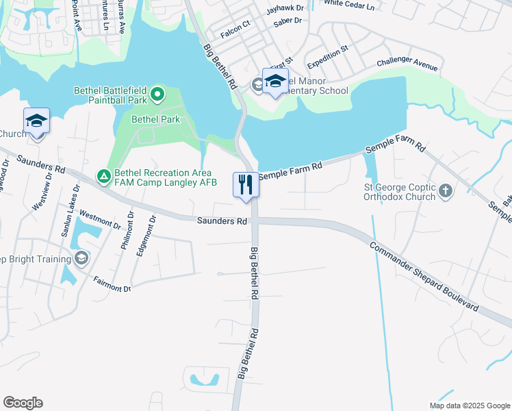 map of restaurants, bars, coffee shops, grocery stores, and more near 18 Musket Lane in Hampton
