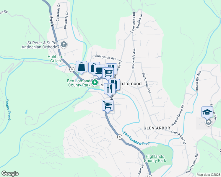 map of restaurants, bars, coffee shops, grocery stores, and more near 9341 Mill Street in Ben Lomond