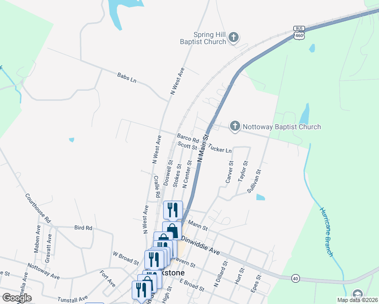 map of restaurants, bars, coffee shops, grocery stores, and more near 545 Center Street in Blackstone