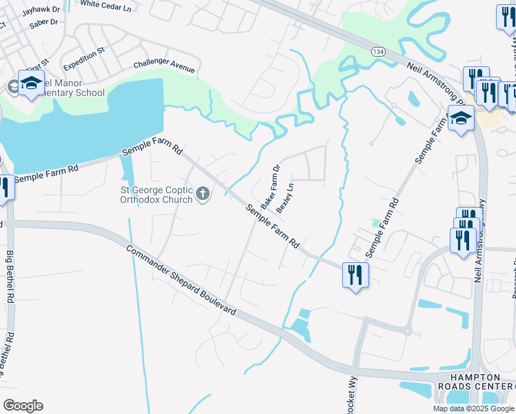 map of restaurants, bars, coffee shops, grocery stores, and more near 121 Treslyn Trace in Hampton