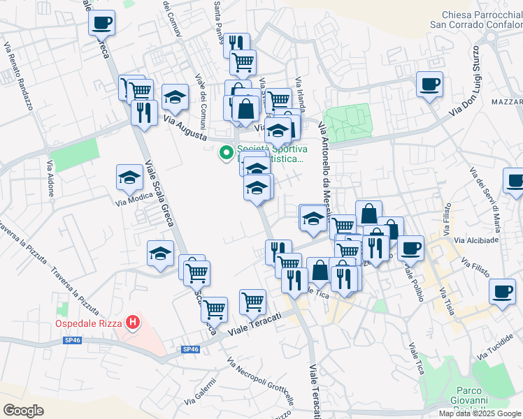 map of restaurants, bars, coffee shops, grocery stores, and more near 114 Viale Santa Panagia in Siracusa