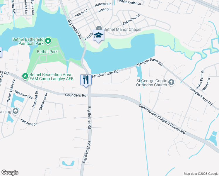 map of restaurants, bars, coffee shops, grocery stores, and more near 8 Old Pond Court in Hampton