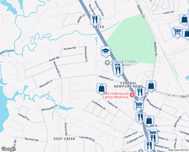 map of restaurants, bars, coffee shops, grocery stores, and more near 104 Maxwell Lane in Newport News