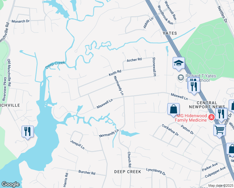 map of restaurants, bars, coffee shops, grocery stores, and more near 208 Normandy Lane in Newport News