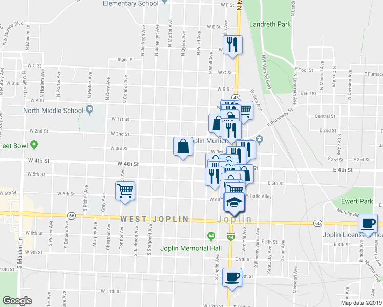 map of restaurants, bars, coffee shops, grocery stores, and more near 231 Pearl Avenue in Joplin