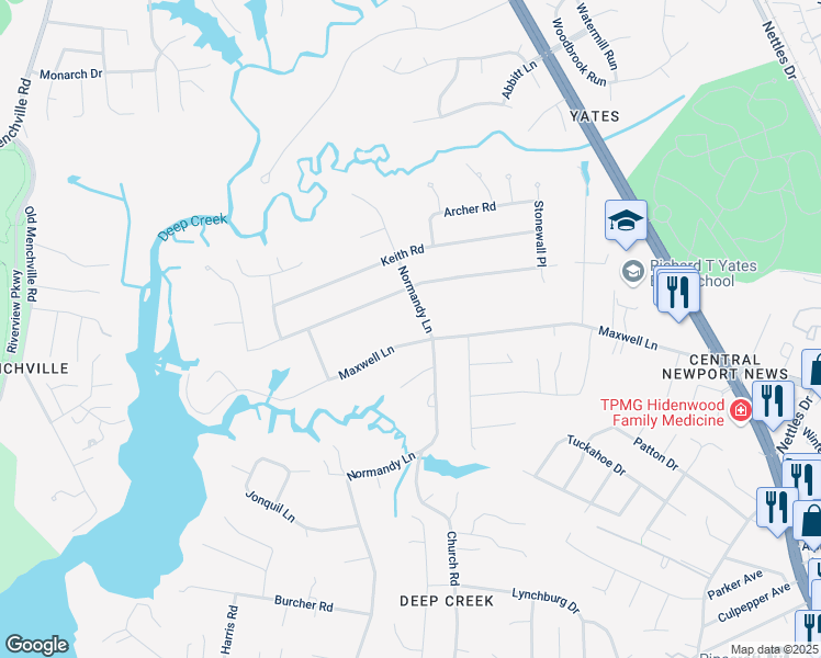 map of restaurants, bars, coffee shops, grocery stores, and more near 208 Normandy Lane in Newport News