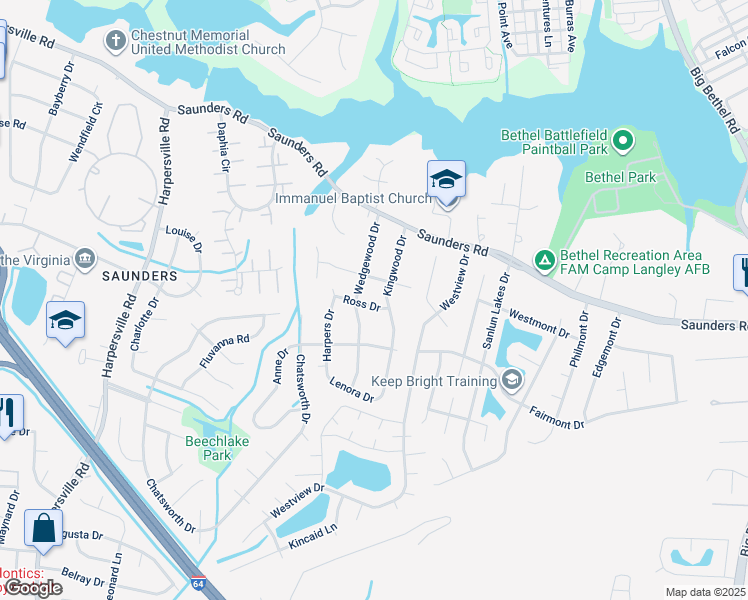 map of restaurants, bars, coffee shops, grocery stores, and more near 13 Ross Drive in Newport News