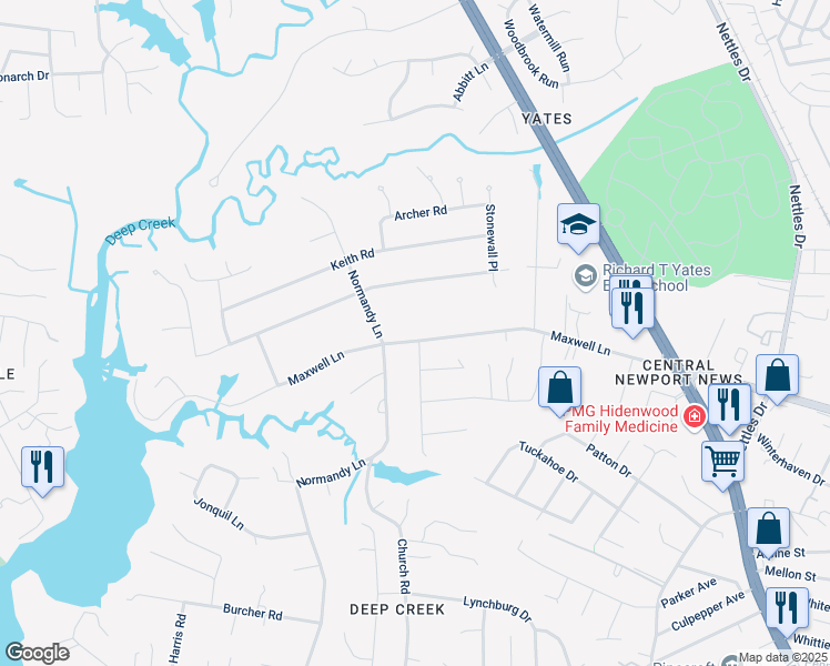 map of restaurants, bars, coffee shops, grocery stores, and more near 153 Maxwell Lane in Newport News
