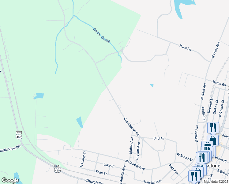 map of restaurants, bars, coffee shops, grocery stores, and more near 692 Courthouse Road in Blackstone
