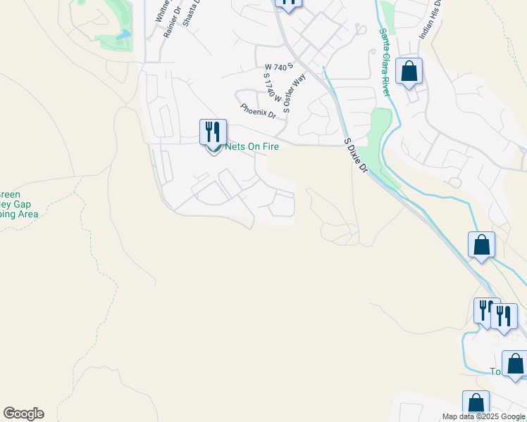 map of restaurants, bars, coffee shops, grocery stores, and more near 1845 West Canyon View Drive in St. George