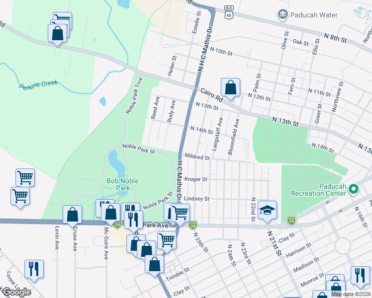 map of restaurants, bars, coffee shops, grocery stores, and more near 1401-1499 HC Mathis Drive in Paducah