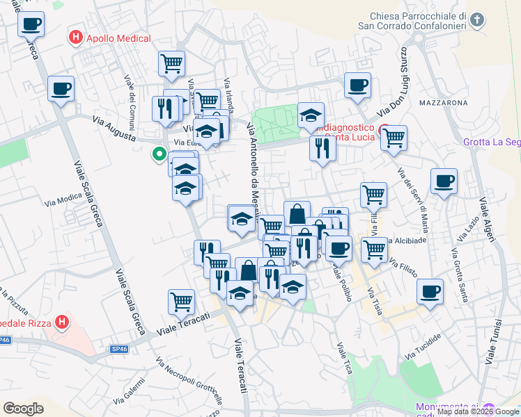 map of restaurants, bars, coffee shops, grocery stores, and more near 31 Via Antonello da Messina in Siracusa