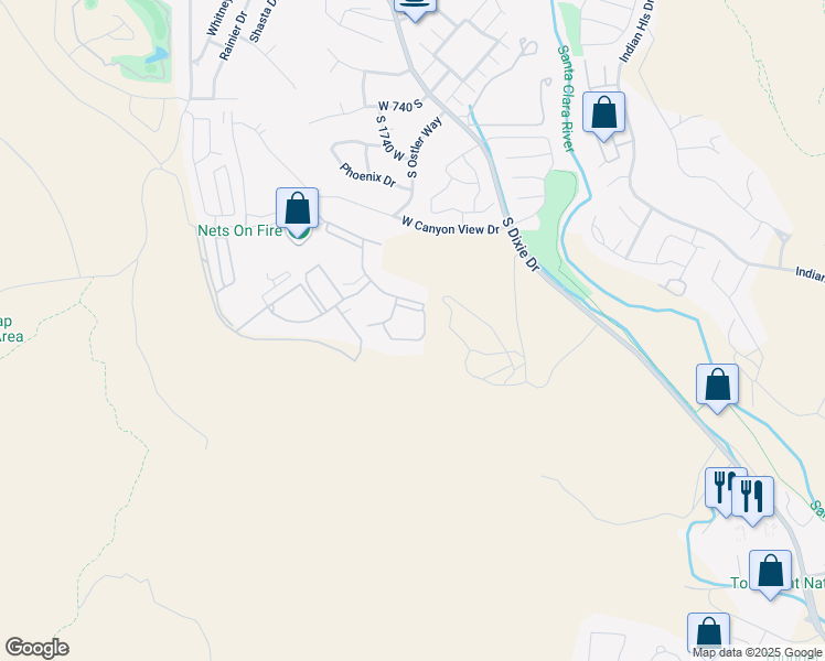 map of restaurants, bars, coffee shops, grocery stores, and more near 1845 West Canyon View Drive in St. George